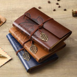 pu leather retro vintage notebook with leaf pendant