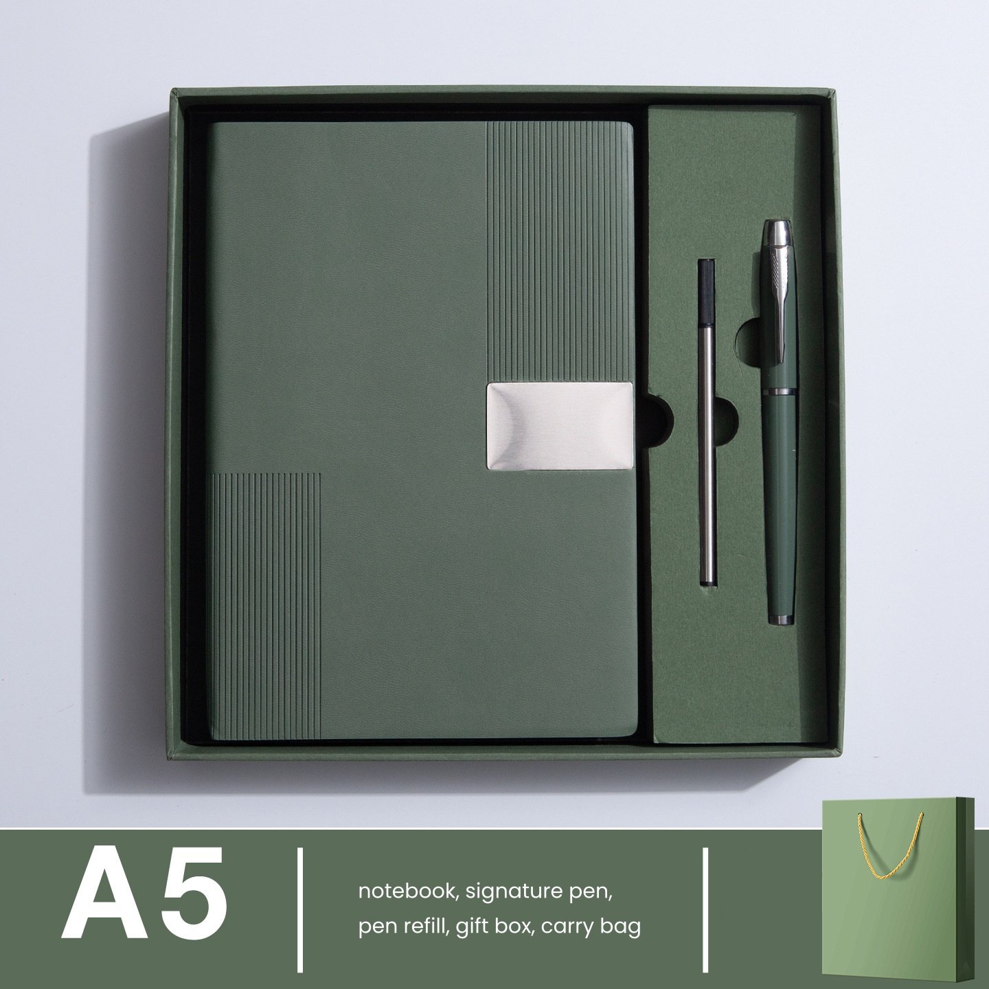 Embossed Vertical Stripe Metal Patch PU Business Notebook Gift Set - Image 17
