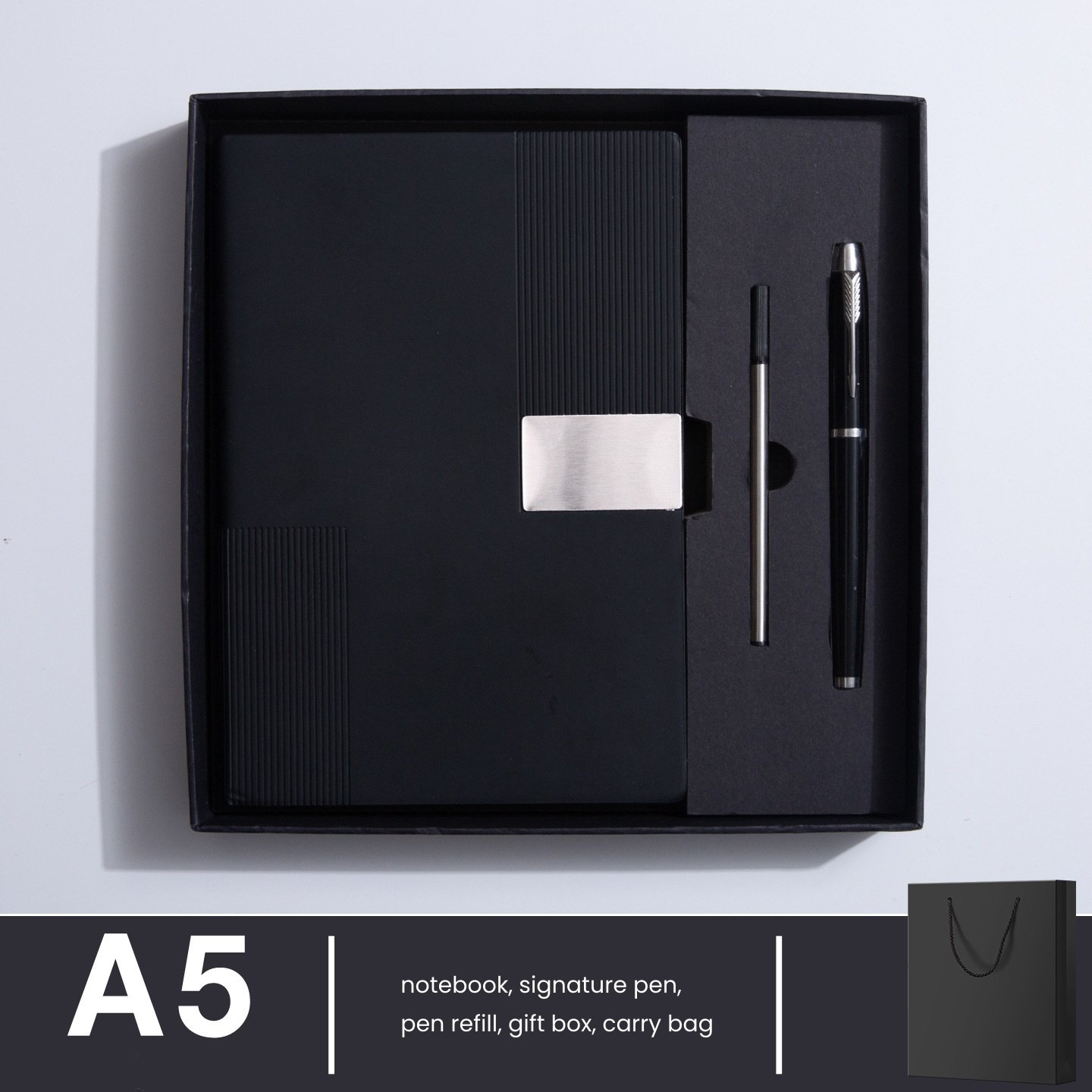 Embossed Vertical Stripe Metal Patch PU Business Notebook Gift Set - Image 18