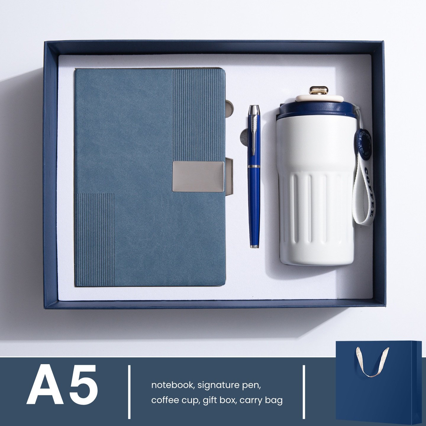Embossed Vertical Stripe Metal Patch PU Business Notebook Gift Set - Image 7