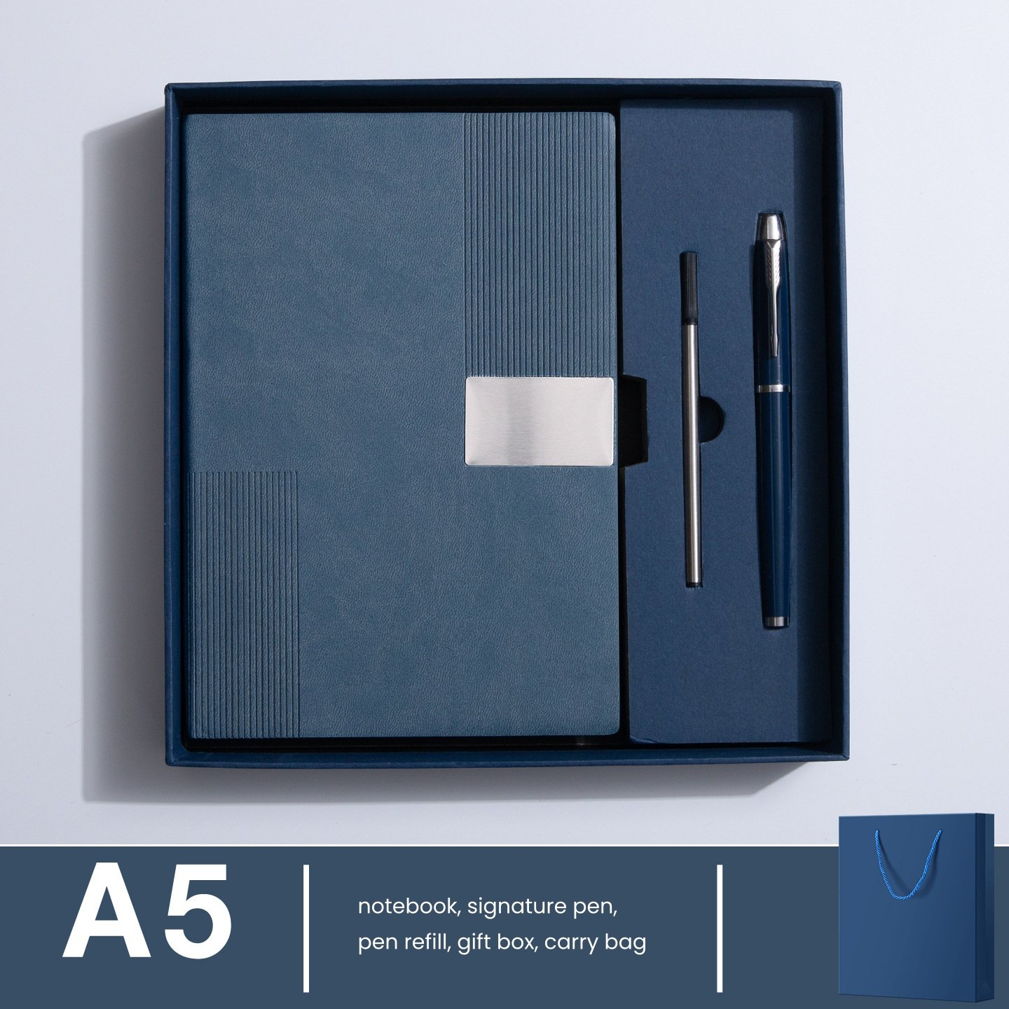 Embossed Vertical Stripe Metal Patch PU Business Notebook Gift Set - Image 13