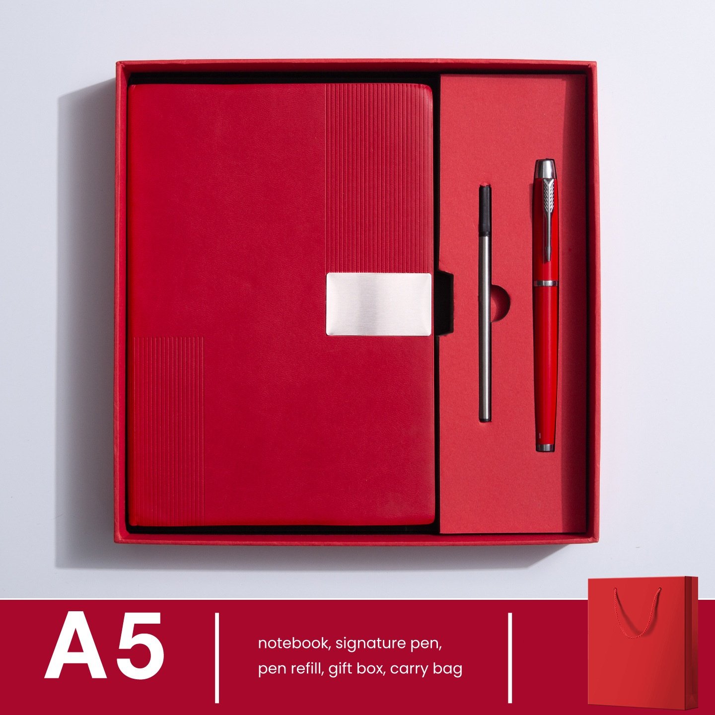 Embossed Vertical Stripe Metal Patch PU Business Notebook Gift Set - Image 15